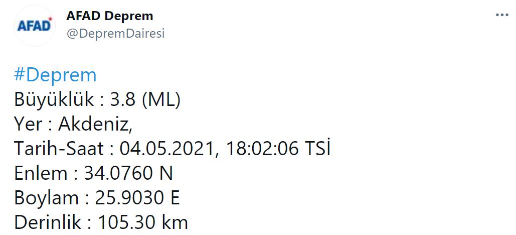 Son dakika | AFAD açıkladı! Akdeniz'de 3.8 şiddetinde deprem