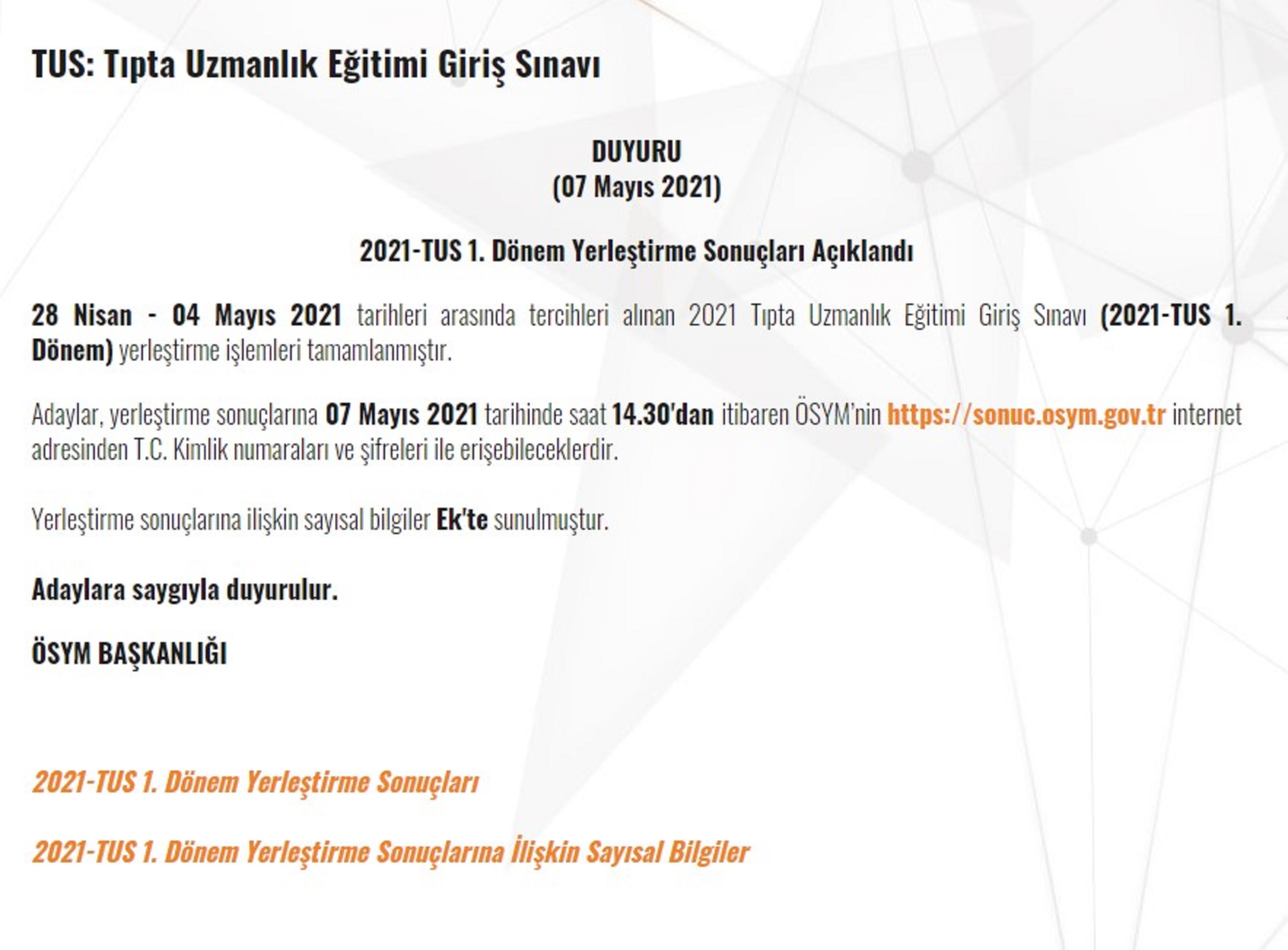 TUS 1. dönem yerleştirme sonuçları açıklandı mı 2021? TUS 1. dönem yerleştirme sonuçları sorgulama ekranı