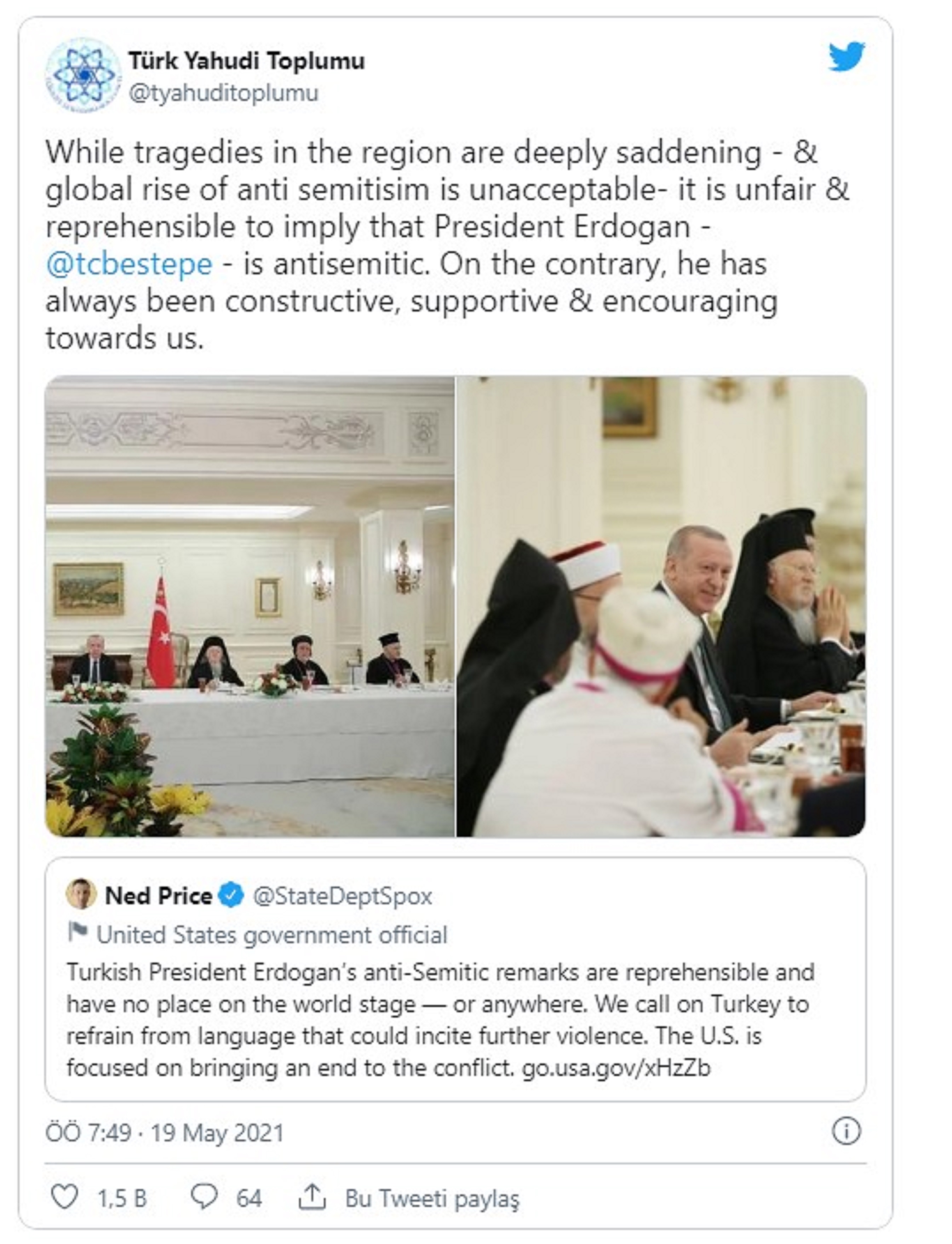 Türk Yahudi toplumu Erdoğan bize karşı her daim yapıcı ve destekleyici oldu