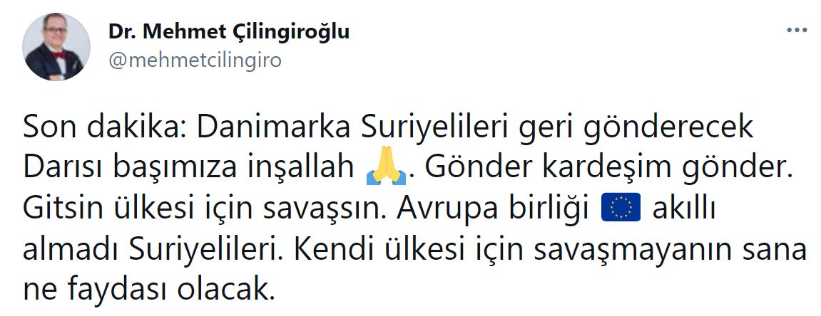 Dr. Mehmet Çilingiroğlu'ndan dikkat çeken paylaşım: Danimarka, Suriyelileri geri gönderecek; darısı başımıza