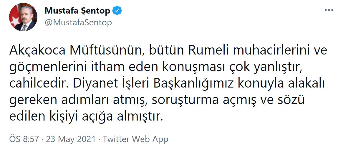 TBMM Başkanı Şentop'tan Akçakoca müftüsü ile ilgili flaş paylaşım!