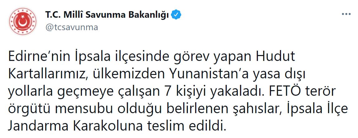 MSB duyurdu: ülkemizden Yunanistan’a yasa dışı yollarla geçmeye çalışan 7 kişiyi yakalandı