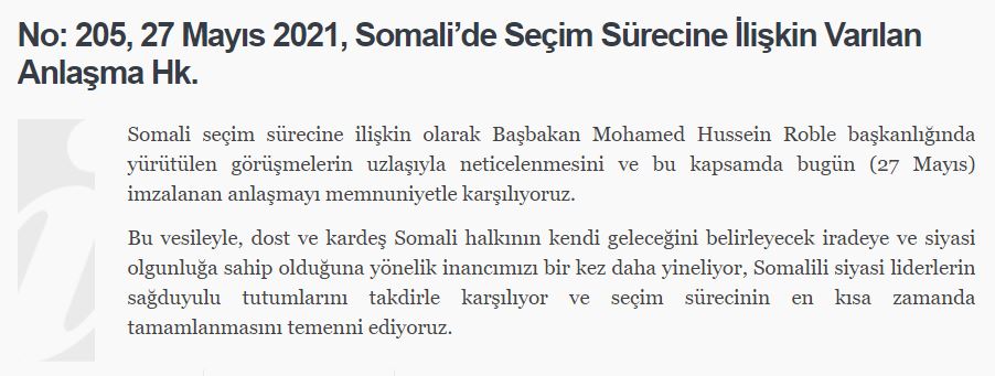 Dışişleri Bakanlığı'ndan Somali seçimlerine ilişkin açıklama