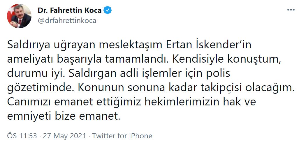 Hastası tarafından bıçaklanan doktor ameliyatta! Bakan Koca: Şifa veren eli kesmeye çalışmanın affı mümkün değil
