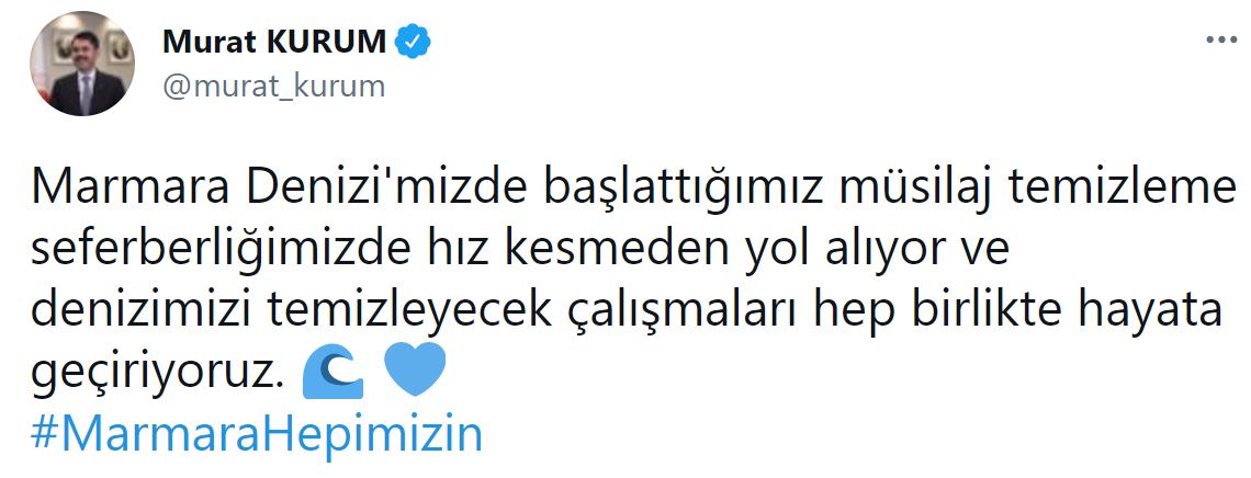 Bakan Kurum: Marmara Denizi'nde 5 gün boyunca yapılan çalışmalarla bin 700 metreküp müsilaj temizlendi
