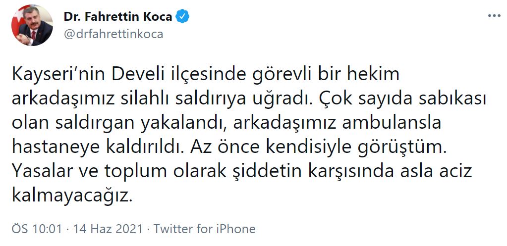 Bakan Koca duyurdu: Bir hekim arkadaşımız silahlı saldırıya uğradı