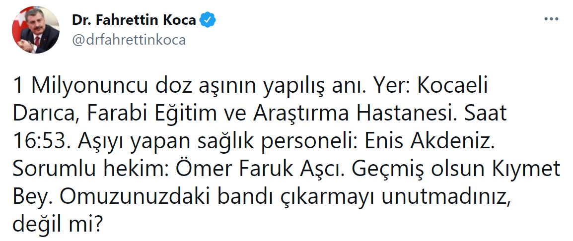 Son dakika | Bakan Koca paylaştı! İşte 1 milyonuncu doz aşının yapılış anı...