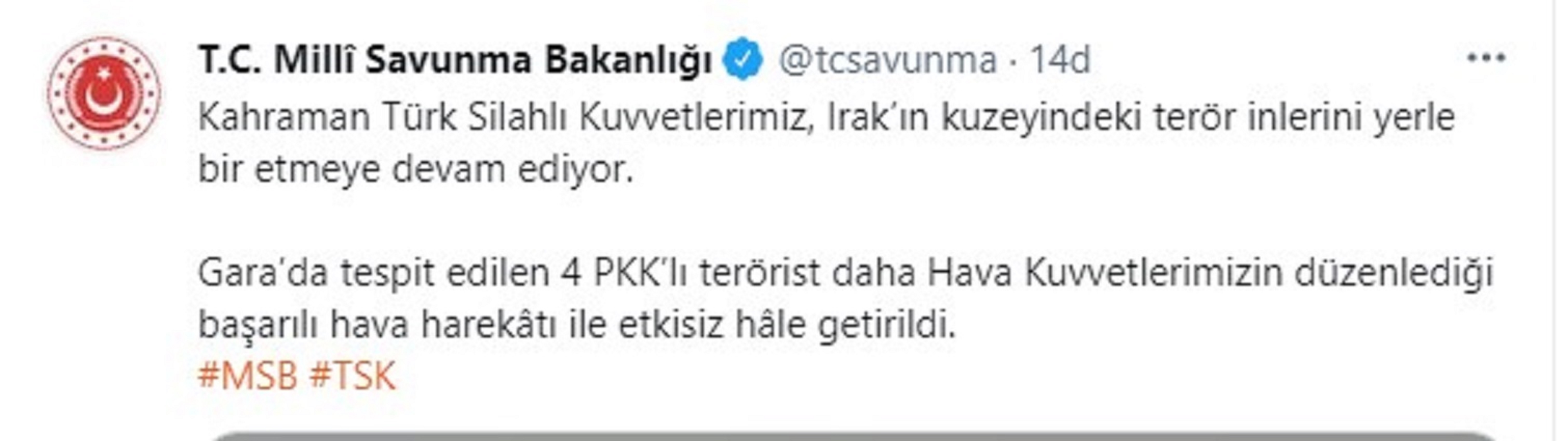 SON DAKİKA| MSB: Garada tespit edilen 4 PKKlı terörist etkisiz hale getirildi