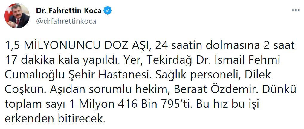Bakan Koca açıkladı! 1,5 milyonuncu doz aşı 24 saat dolmadan yapıldı