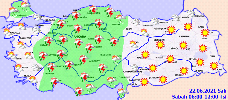 Haziran yağmurları devam ediyor! Yurdun iç ve batı kesimleri yağışlara teslim! 22 Haziran 2021 Salı il il, haritalı hava durumu