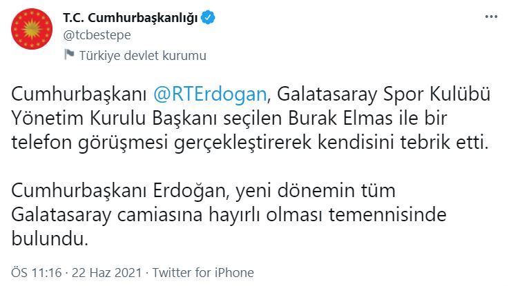 Son dakika | Cumhurbaşkanı Erdoğan, Galatasaray Başkanı Burak Elmas ile telefonda görüştü