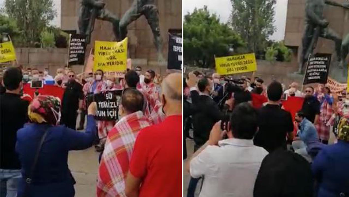 Ankara'daki hamam sahipleri seslerini duyurmak için peştemalleri ile sokağa döküldü