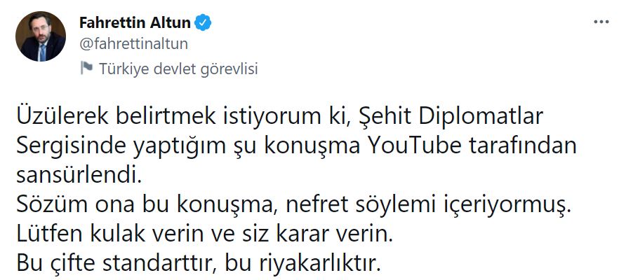 İletişim Başkanı Altun, YouTube'un sansürüne sosyal medyadan tepki gösterdi: Bu riyakarlıktır