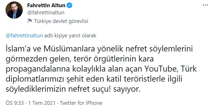 İletişim Başkanı Altun, YouTube'un sansürüne sosyal medyadan tepki gösterdi: Bu riyakarlıktır