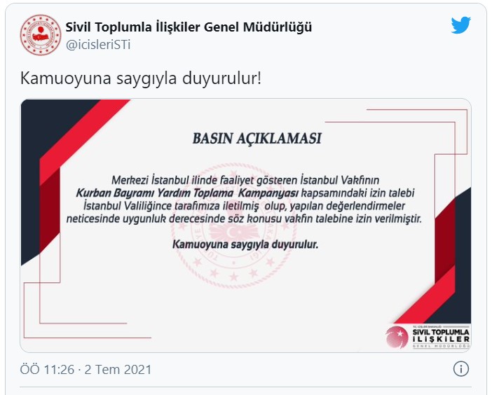 SON DAKİKA| İçişleri Bakanlığı İstanbul Vakfının Kurban Bayramı kampanyasına izin verdi