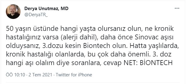 Uzman isimden 3. doz hangi aşı olalım diye soranlara yanıt: İki Sinovac'tan sonra Biontech olun!