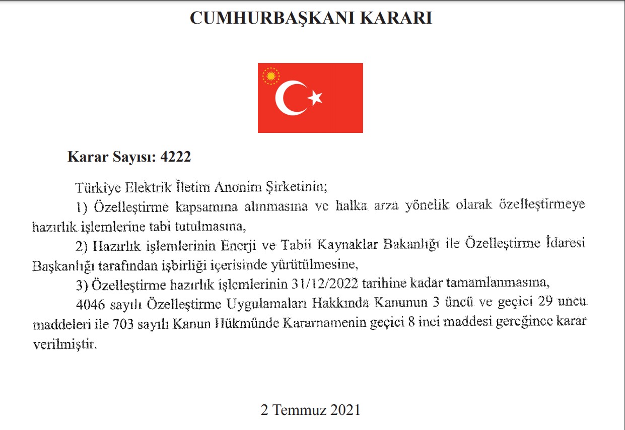 Türkiye Elektrik İletim A.Ş. özelleştiriliyor! Karar Resmi Gazete'de yayımlandı!