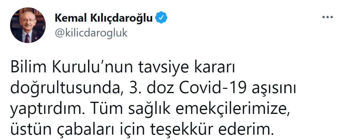 Kılıçdaroğlu, üçüncü doz aşısını yaptırdı