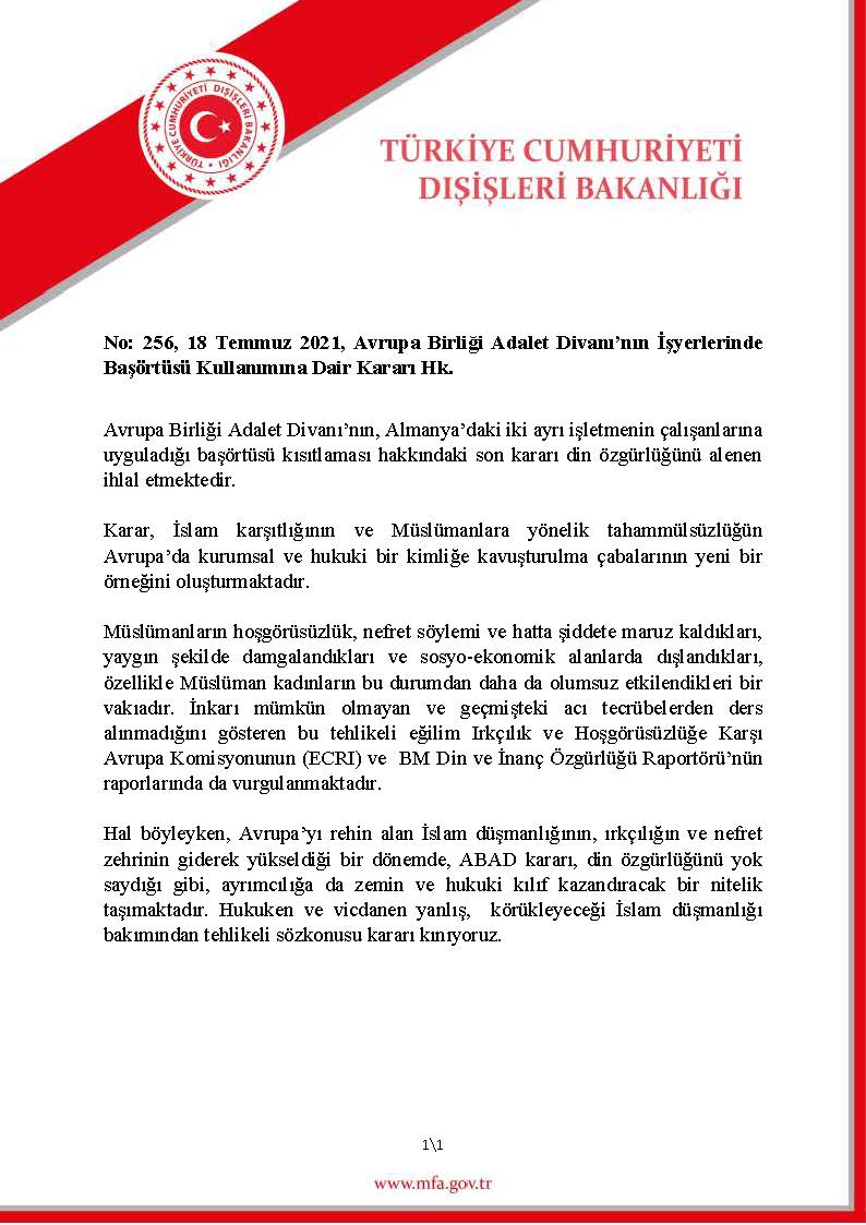 SON DAKİKA | Dışişlerinden Avrupa Adalet Divanının başörtü kararına kınama