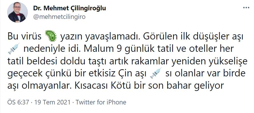 Son dakika | Prof. Dr. Çilingiroğlu'ndan çarpıcı 'koronavirüs' paylaşımı: Rakamlar yeniden yükselişe geçecek