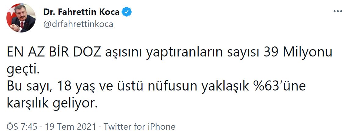 Son dakika | Bakan Koca'dan aşı paylaşımı: 20 milyonu geçti!