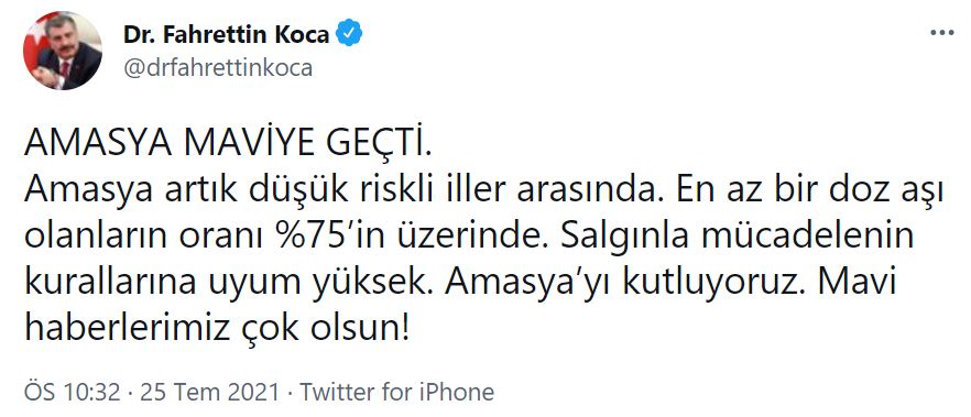 Son dakika | Bakan Koca duyurdu: Amasya artık düşük riskli iller arasında