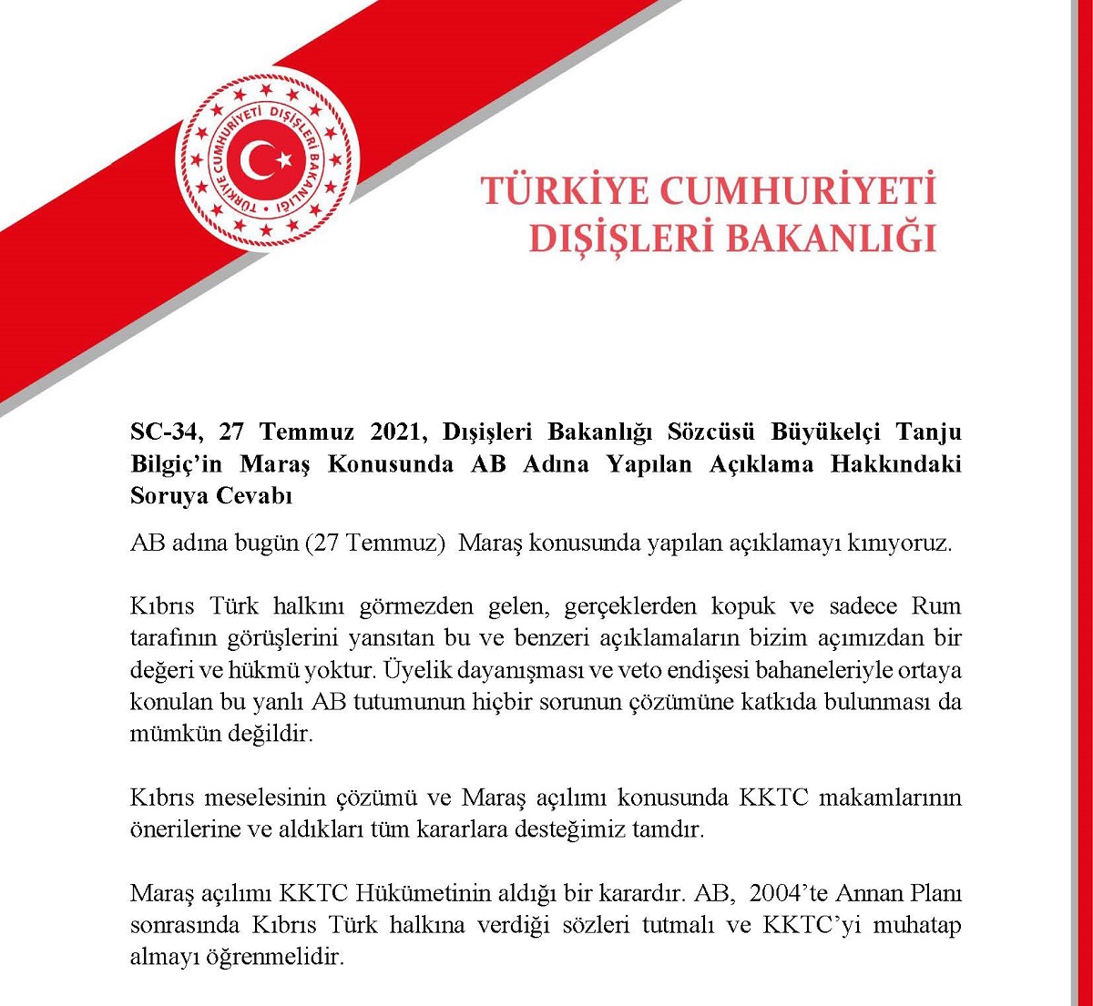 Dışişleri Bakanlığı: AB adına yapılan Maraş açıklamasını kınıyoruz