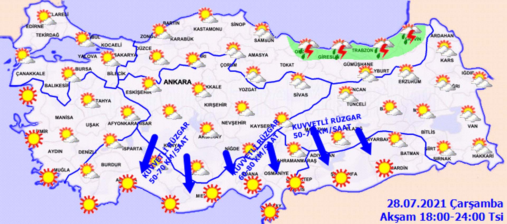 Meteoroloji'den o iller için sağanak yağış, kuvvetli rüzgar ve fırtına uyarısı! Hava bugün nasıl olacak 28 Temmuz 2021 Çarşamba 