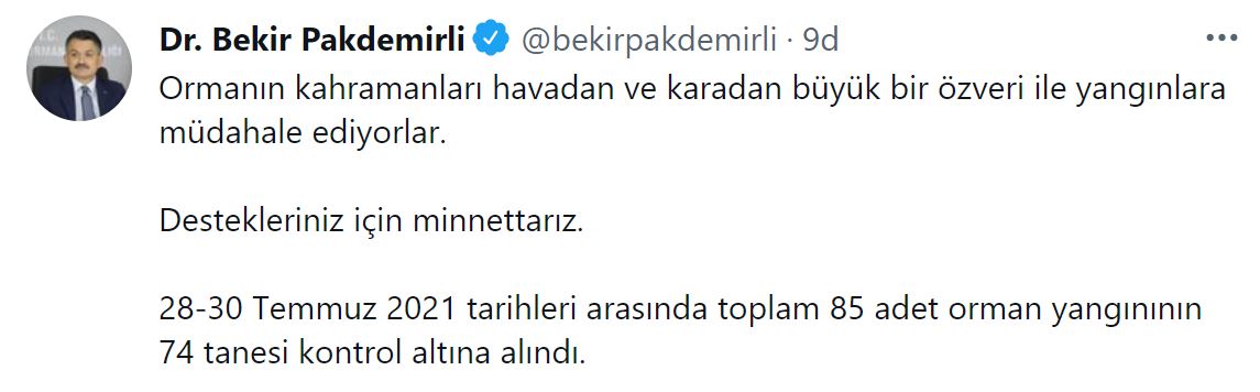 Bakan Pakdemirli son durumu açıkladı: 85 adet orman yangınının 74 tanesi kontrol altına alındı