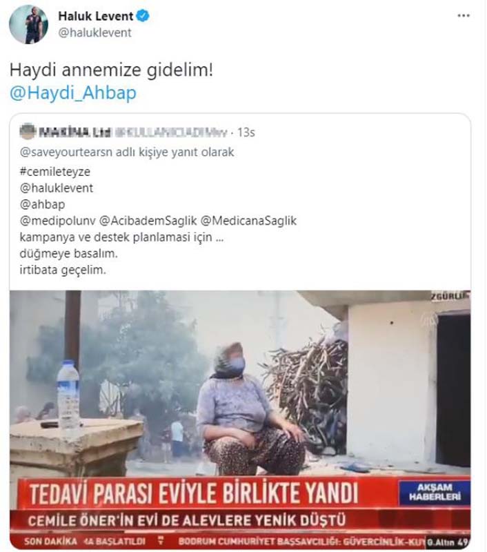 Tedavi parası yangında küle döndü! Haluk Levent , Cemile Teyze için harekete geçti: Haydi annemize gidelim