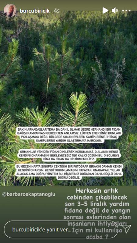 Camdaki Kız dizisinin yıldızı Burcu Biricik yangın sonrası fidan bağışı yapanlara sitem etti: Fidan bağışı yapmayın...
