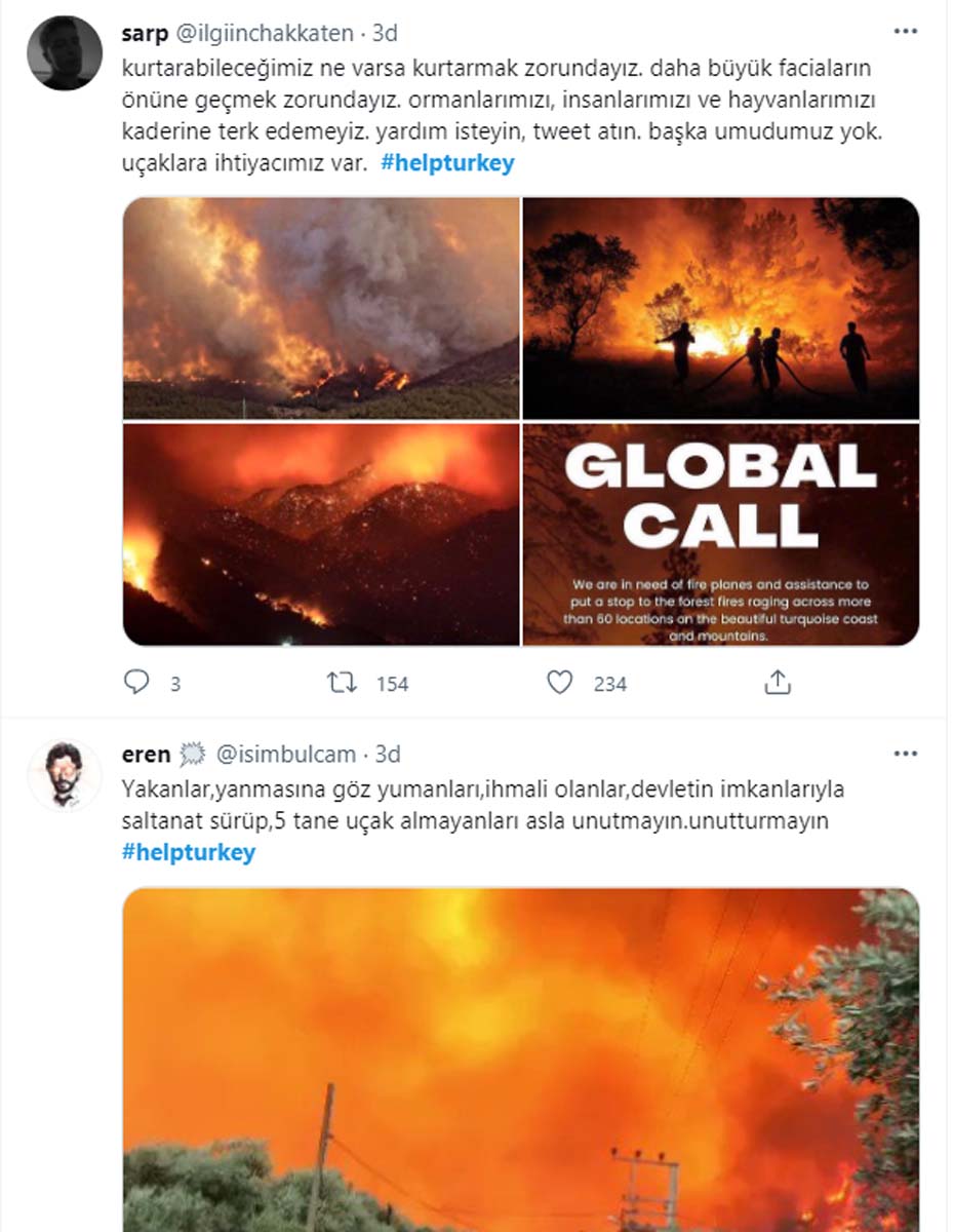 Vatandaşlar orman yangınlarıyla mücadelede destek istiyor! #helpturkey sosyal medyada dünya gündemine girdi 