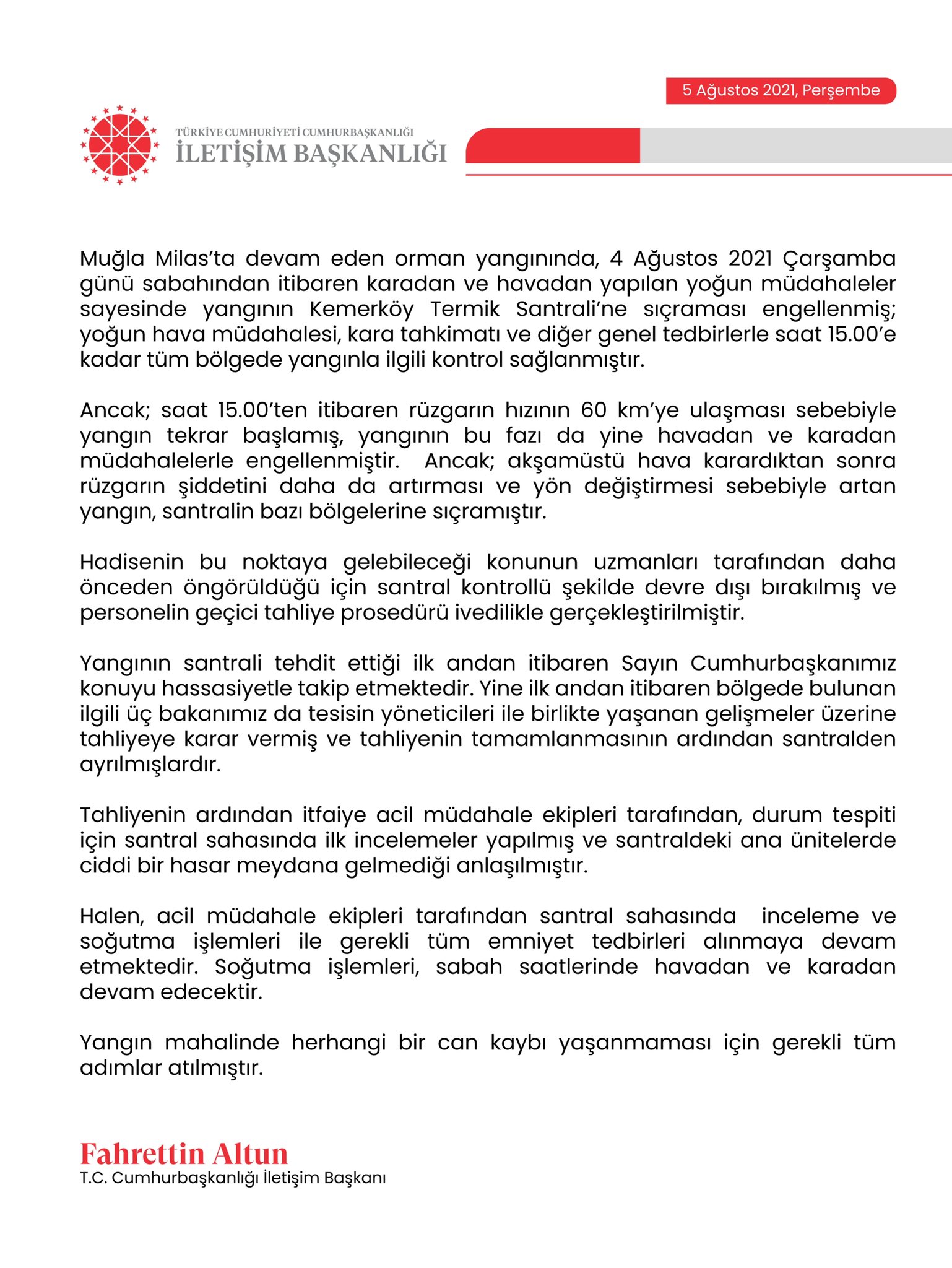 SON DAKİKA | İletişim Başkanı Fahrettin Altun'dan orman yangınından etkilenen Kemerköy Termik Santrali açıklaması!