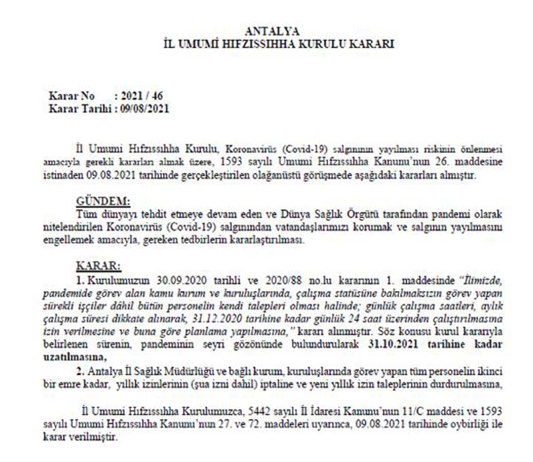 Antalya'da sağlık çalışanlarının izni ikinci bir emre kadar iptal edildi!!
