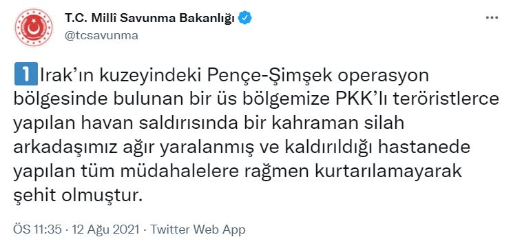 Son dakika | MSB duyurdu! Terör örgütü PKK'nın saldırısı sonucu 1 askerimiz şehit oldu