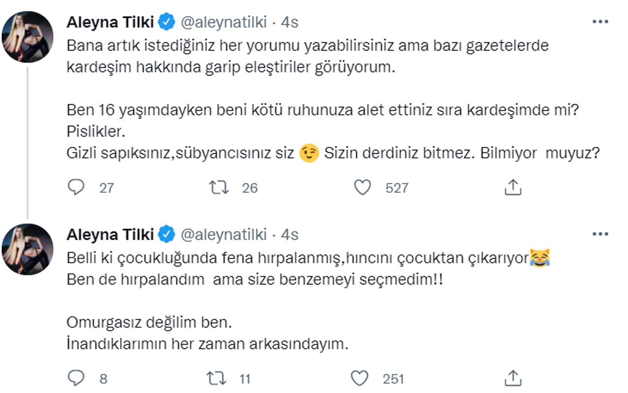 Aleyna Tilki kardeşi hakkında yapılan yorumlar karşısında çılgına döndü! Gizli sapıksınız, sübyancısınız