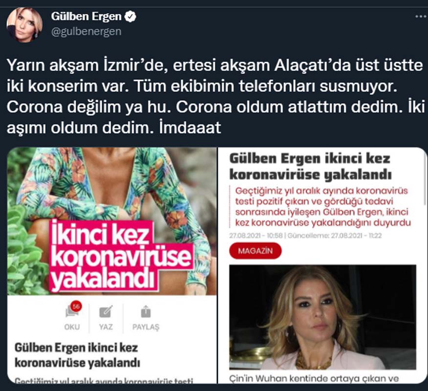 Yazdıkları yanlış anlaşılan Gülben Ergen İmdat diyerek açıklamada bulundu: Corona değilim yahu