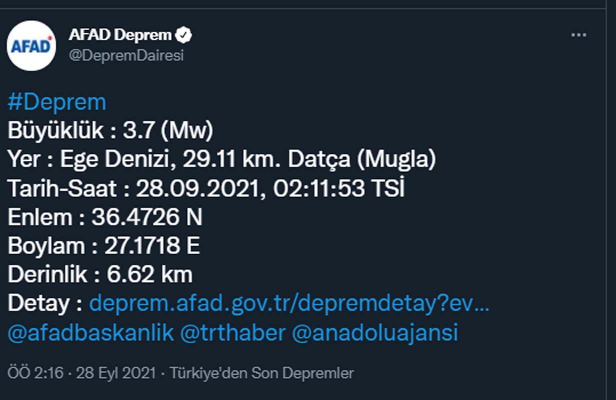 Ege sallandı! Datça açıklarında 3,7 büyüklüğünde deprem!