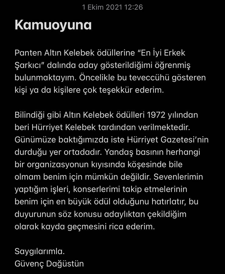 En iyi erkek şarkıcı ödülüne aday gösterilen Güvenç Dağüstün Altın Kelebek’teki adaylığından çekildi