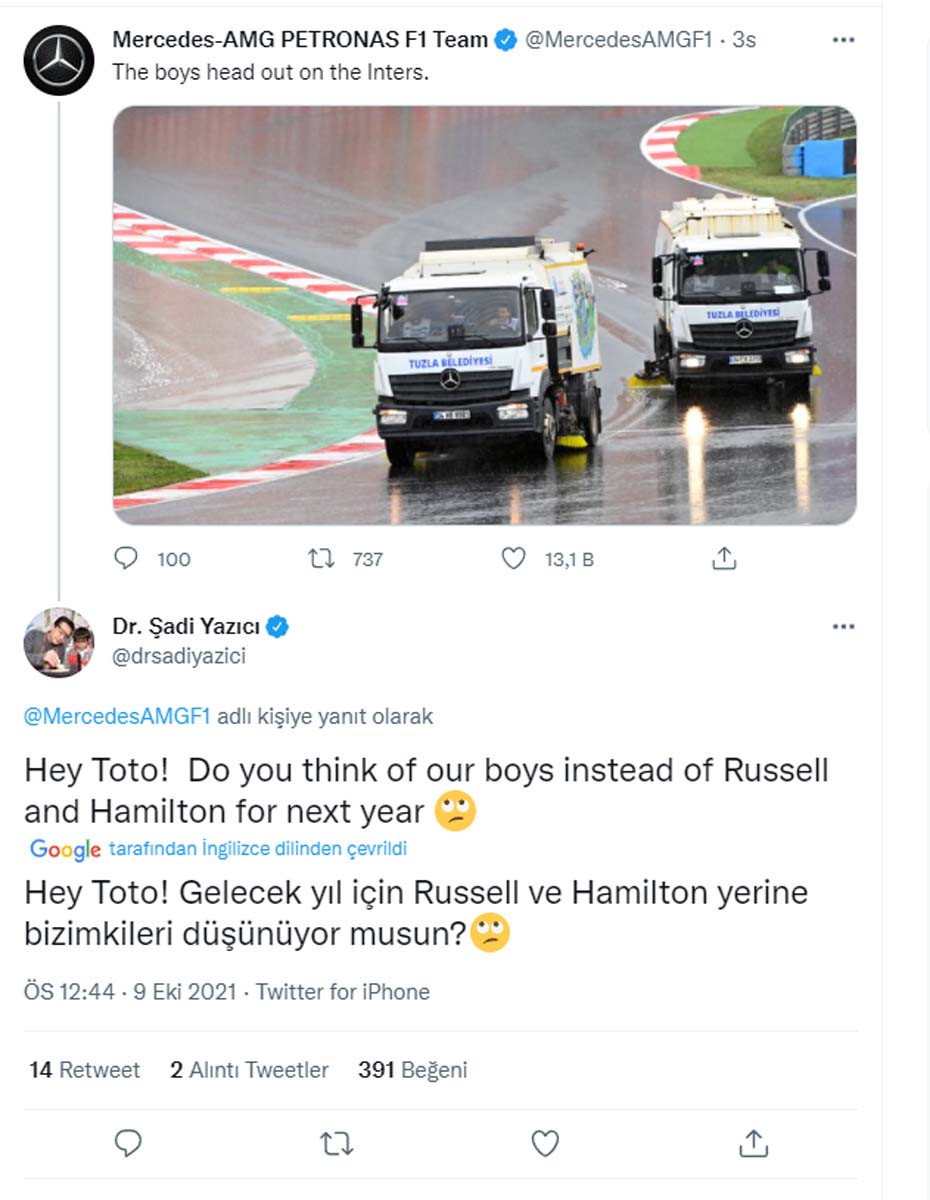 Formula 1 İstanbul Grand Prix'ine damga vuran paylaşım! Mercedes, Tuzla Belediyesi araçların paylaştı, Başkan Şadi Yazıcı cevabı yapıştırdı 
