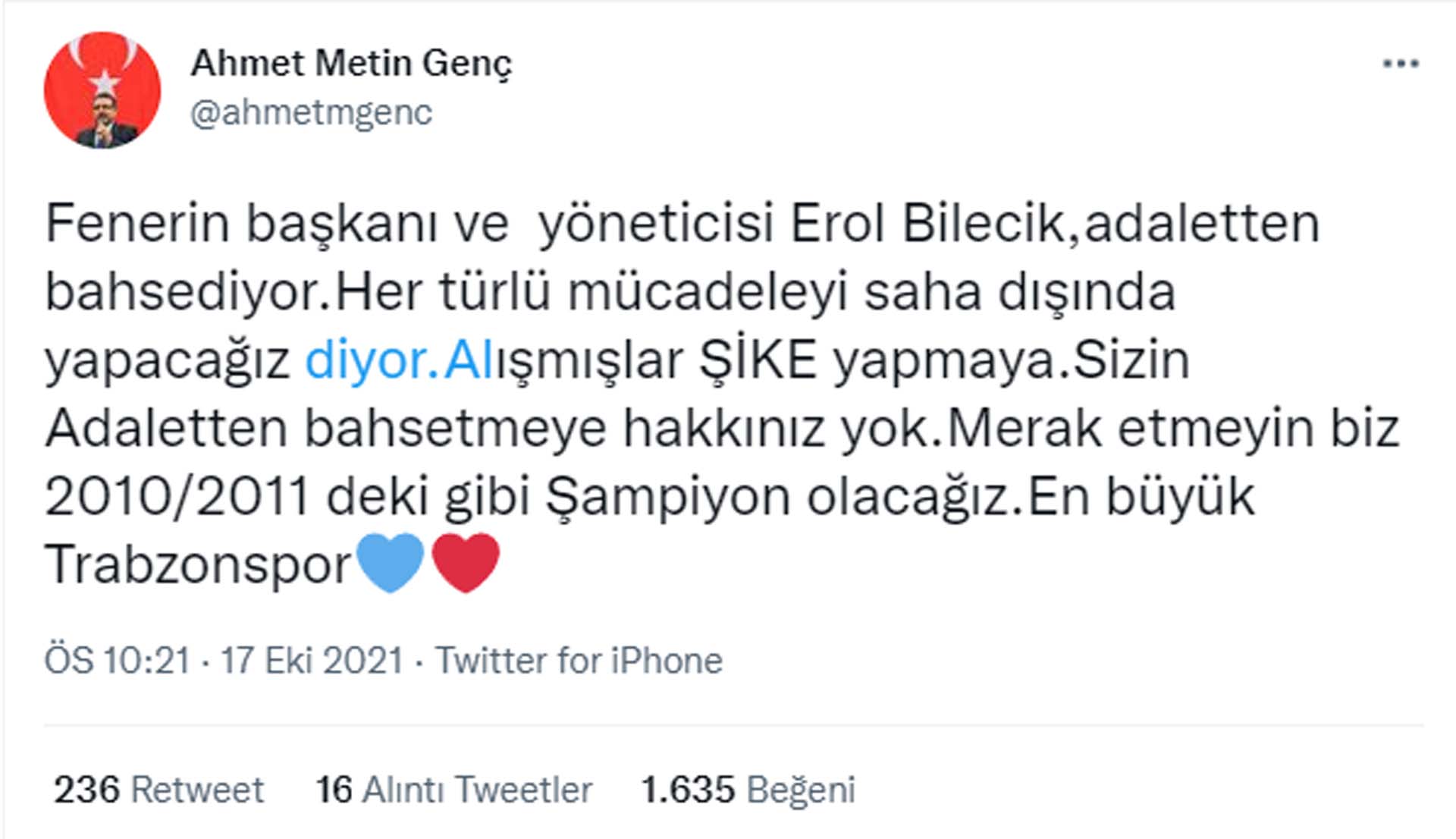 Ortahisar Belediye Başkanı Ahmet Metin Genç'ten Fenerbahçelileri kızdıracak açıklama: Alışmışlar şike yapmaya, adaletten bahsetme hakkınız yok 