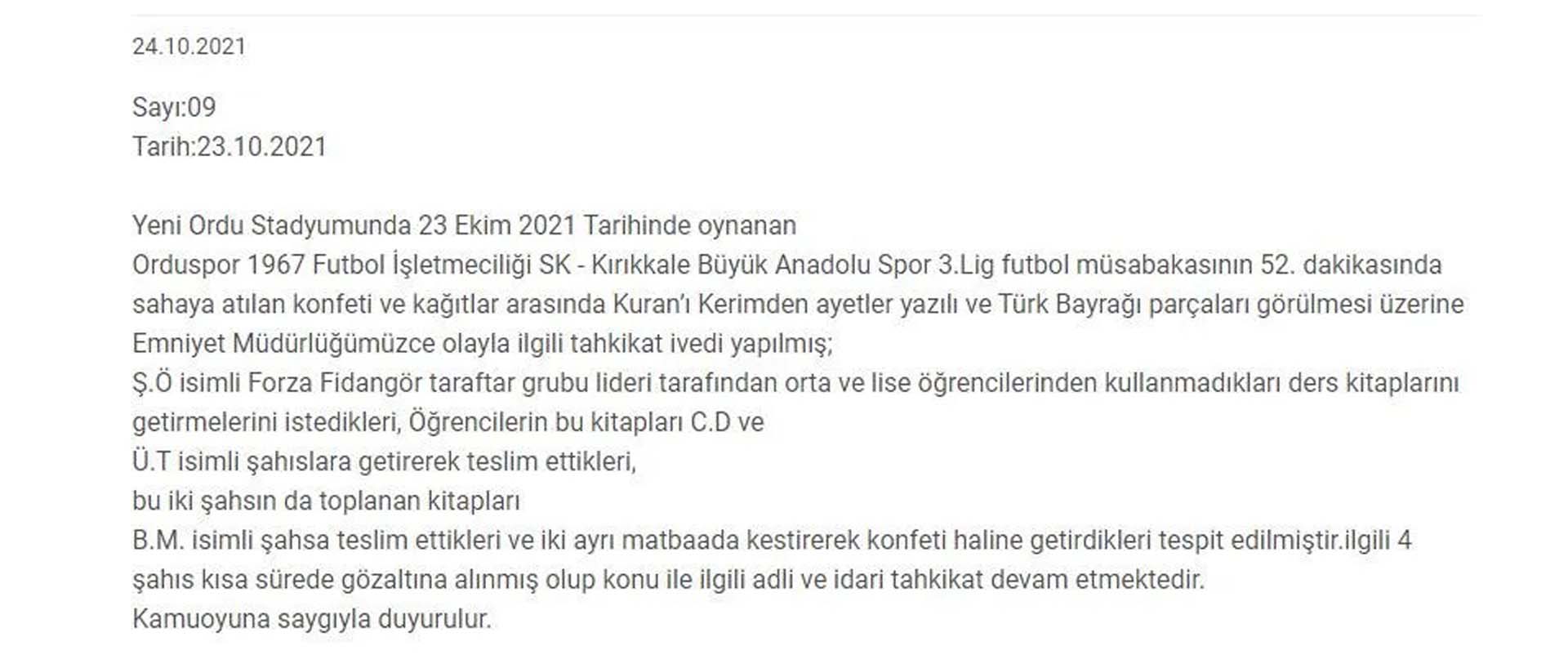 Orduspor-Kırıkkale Büyük Anadoluspor maçında skandal olay! Kuran-ı Kerim sayfaları konfeti olarak yerlere atıldı