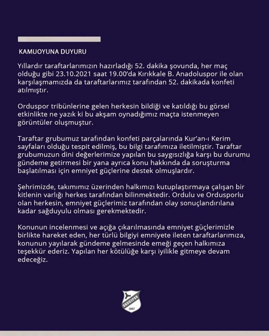 Orduspor-Kırıkkale Büyük Anadoluspor maçında skandal olay! Kuran-ı Kerim sayfaları konfeti olarak yerlere atıldı