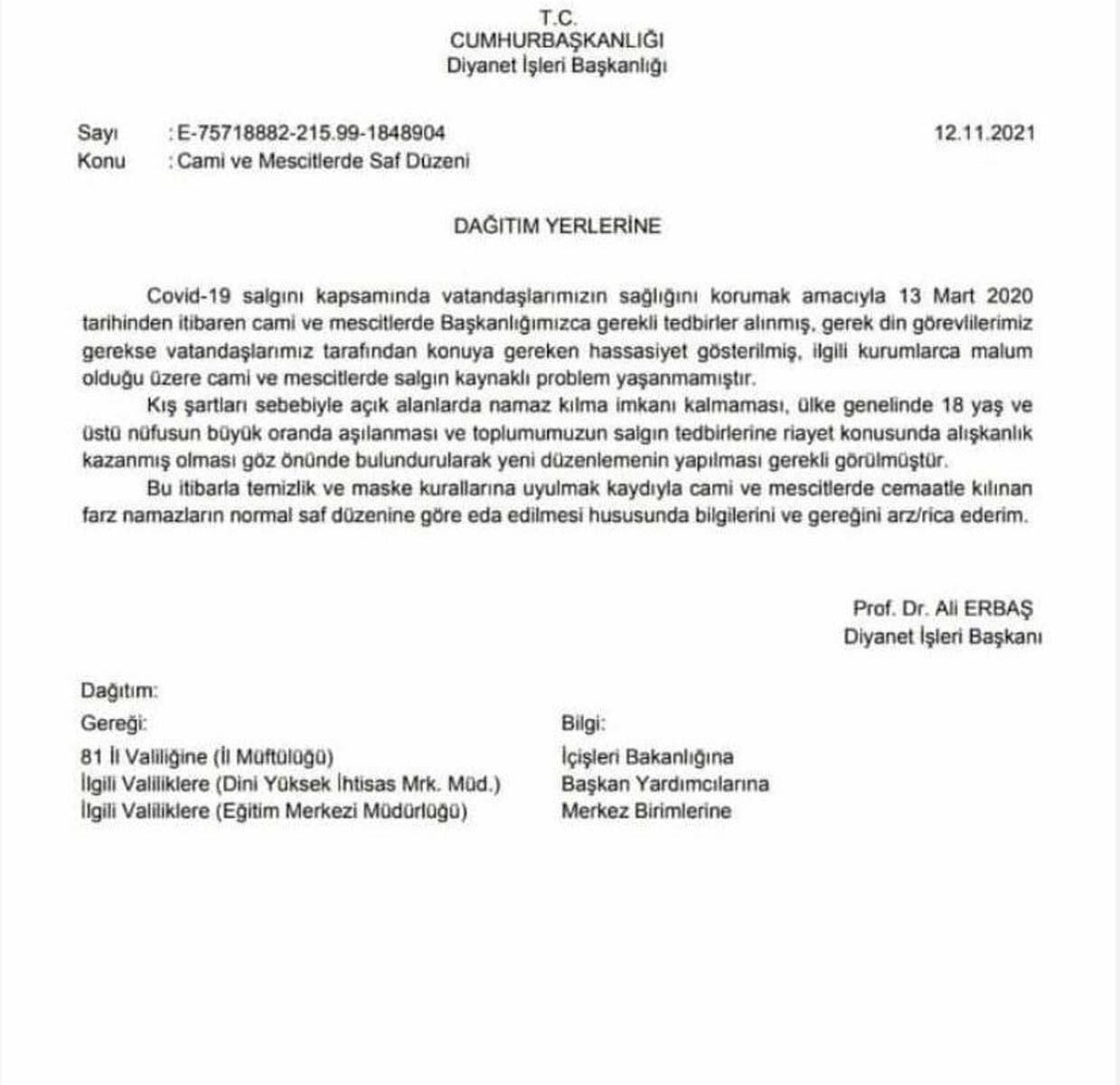 Safları sıklaştırma vakti geldi! Diyanet İşleri Başkanlığından 81 ile genelge: Namazlar saf düzenine göre kılınacak
