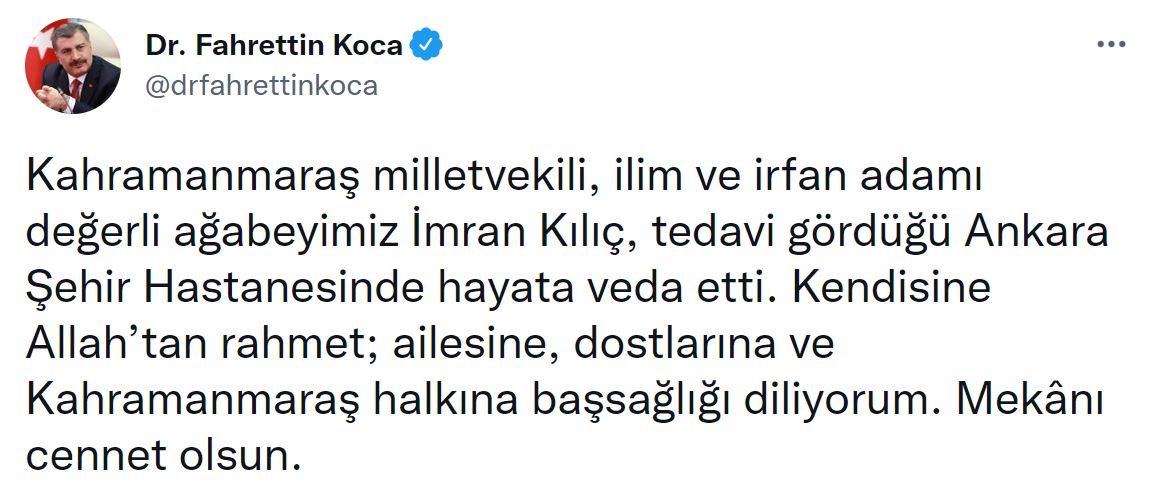 Son dakika | Bakan Koca acı haberi duyurdu: Kahramanmaraş milletvekili İmran Kılıç hayatını kaybetti