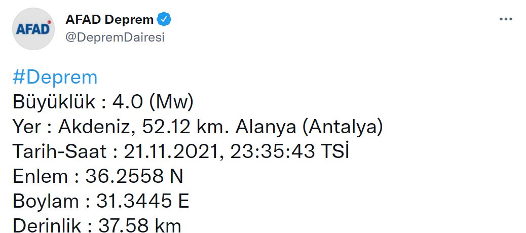 AFAD duyurdu! Akdeniz'de 4.0 şiddetinde deprem