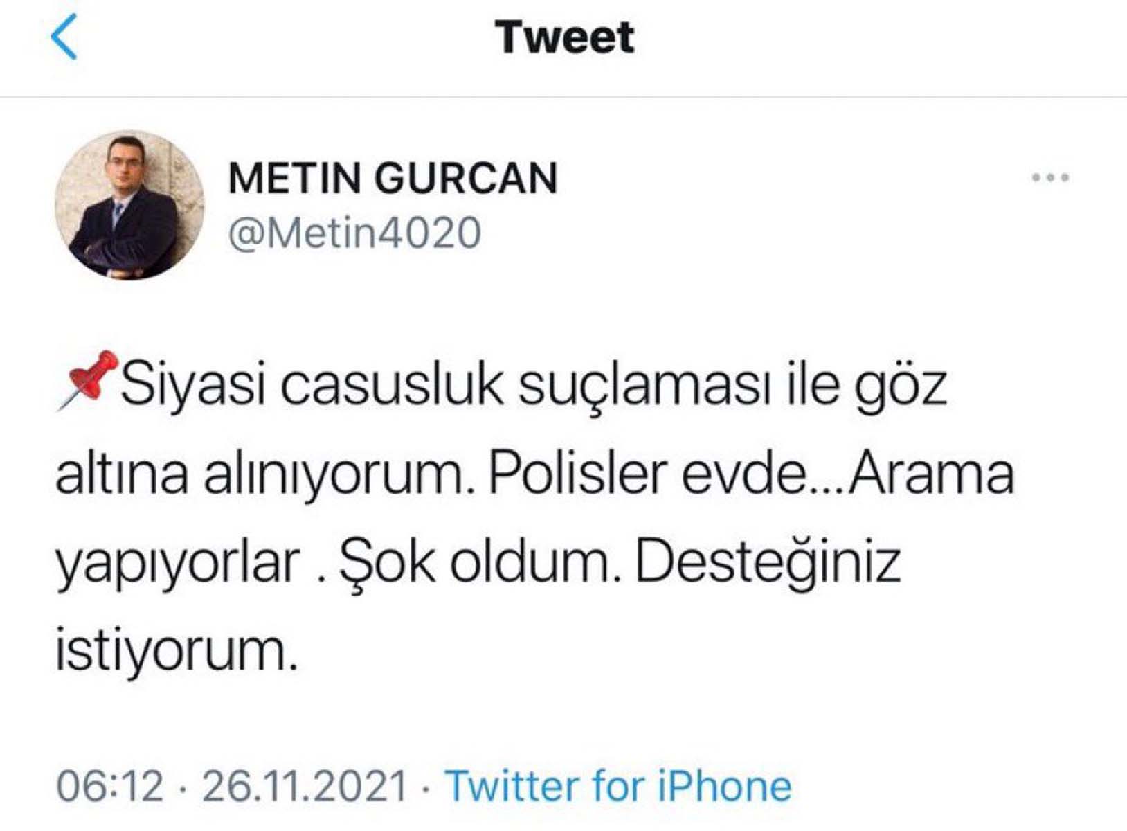 DEVA Partisi kurucu Metin Gürcan siyasi casusluk suçlamasıyla gözaltına alındı 