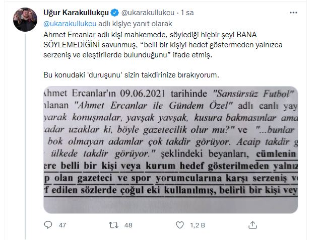 Spor yorumcusu Uğur Karakullukçu'nun Ahmet Ercanlar'a açtığı hakaret davası sonuçlandı! 5 kuruşluk tazminat...