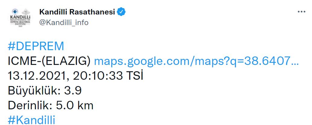 Son dakika | Kandilli Rasathanesi duyurdu! Elazığ'da 3.9 şiddetinde deprem
