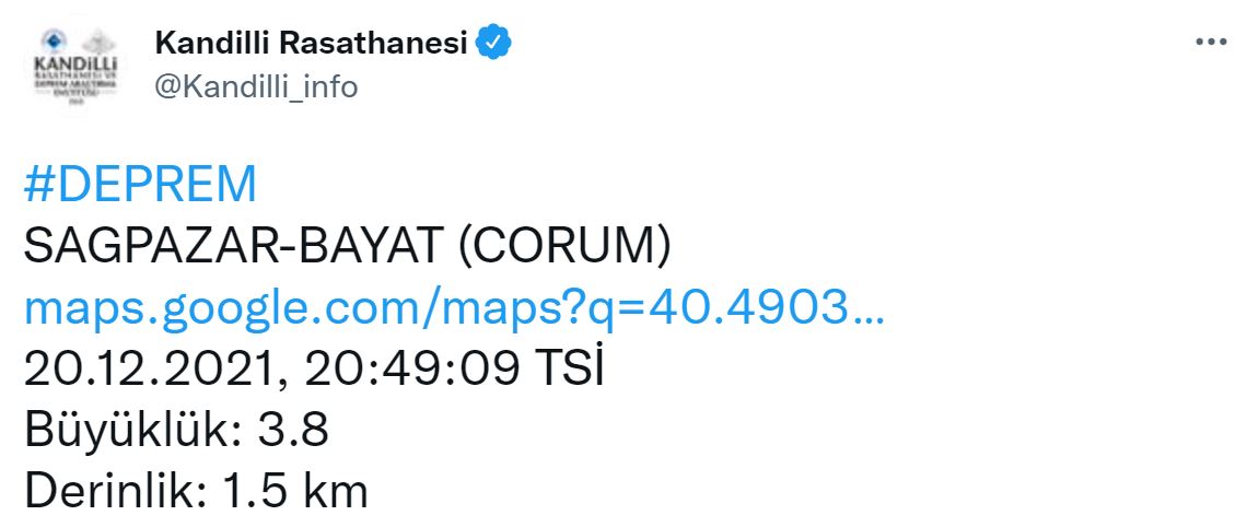 Son dakika | Kandilli Rasathanesi duyurdu: Çorum'da 3.8 şiddetinde deprem!